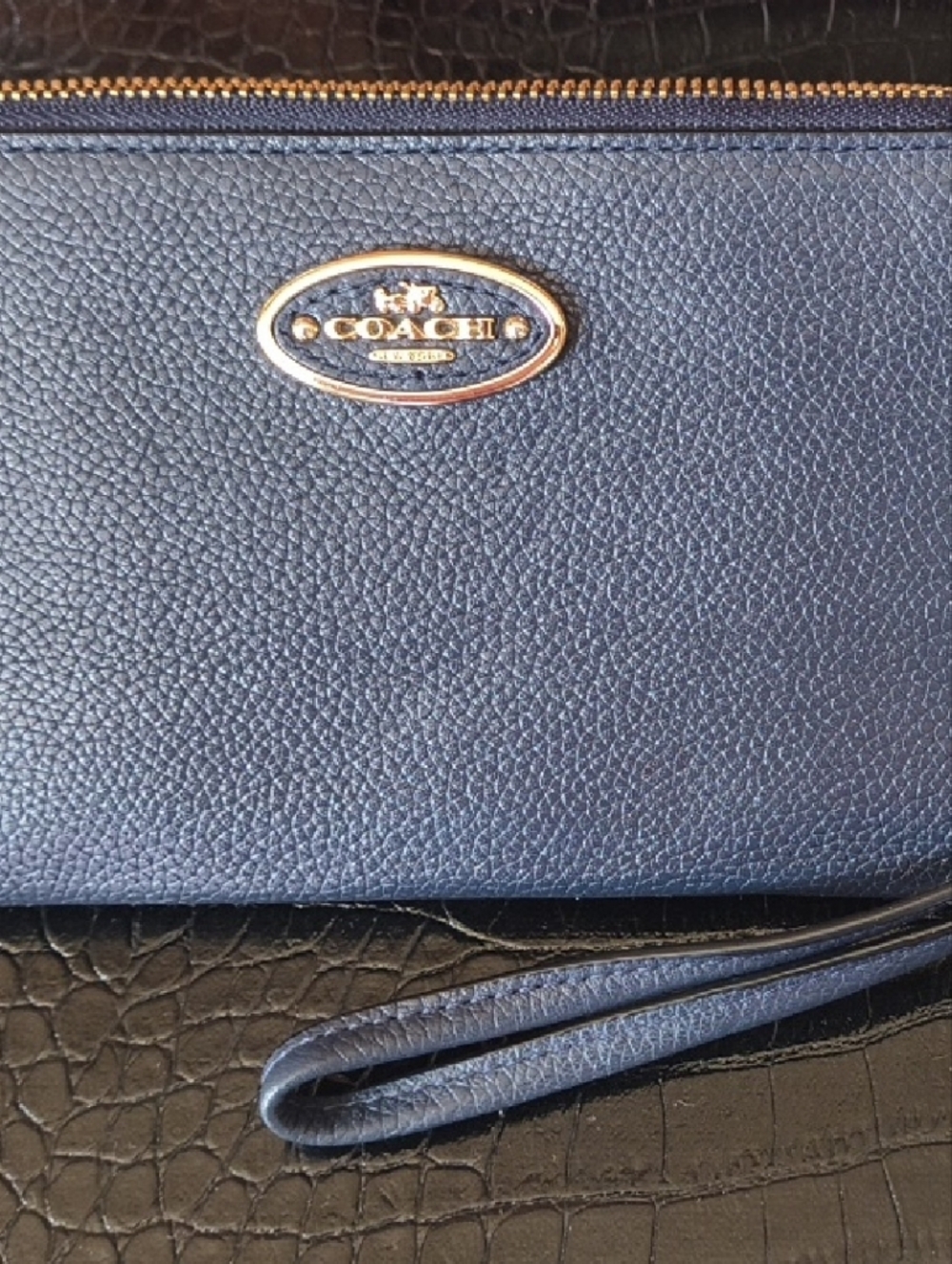 Coach Navy Blue Leather Wristlet (LARGE SIZE) with Gold Hardware Coach New York